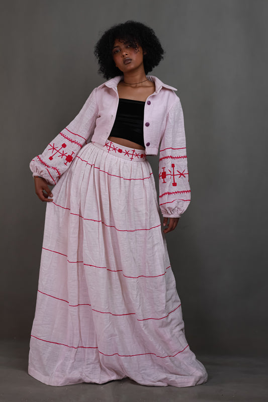 Purple Design Embroidery Handwoven Habesha CropTop and Skirt, Modern Ethiopian Dress