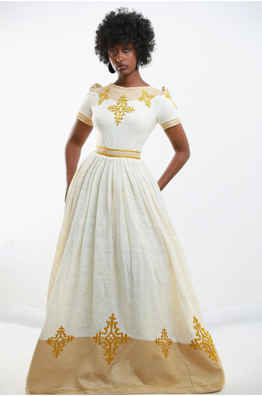 Habesha Kemis Inspired Embroidered Dress with Intricate Gold Design