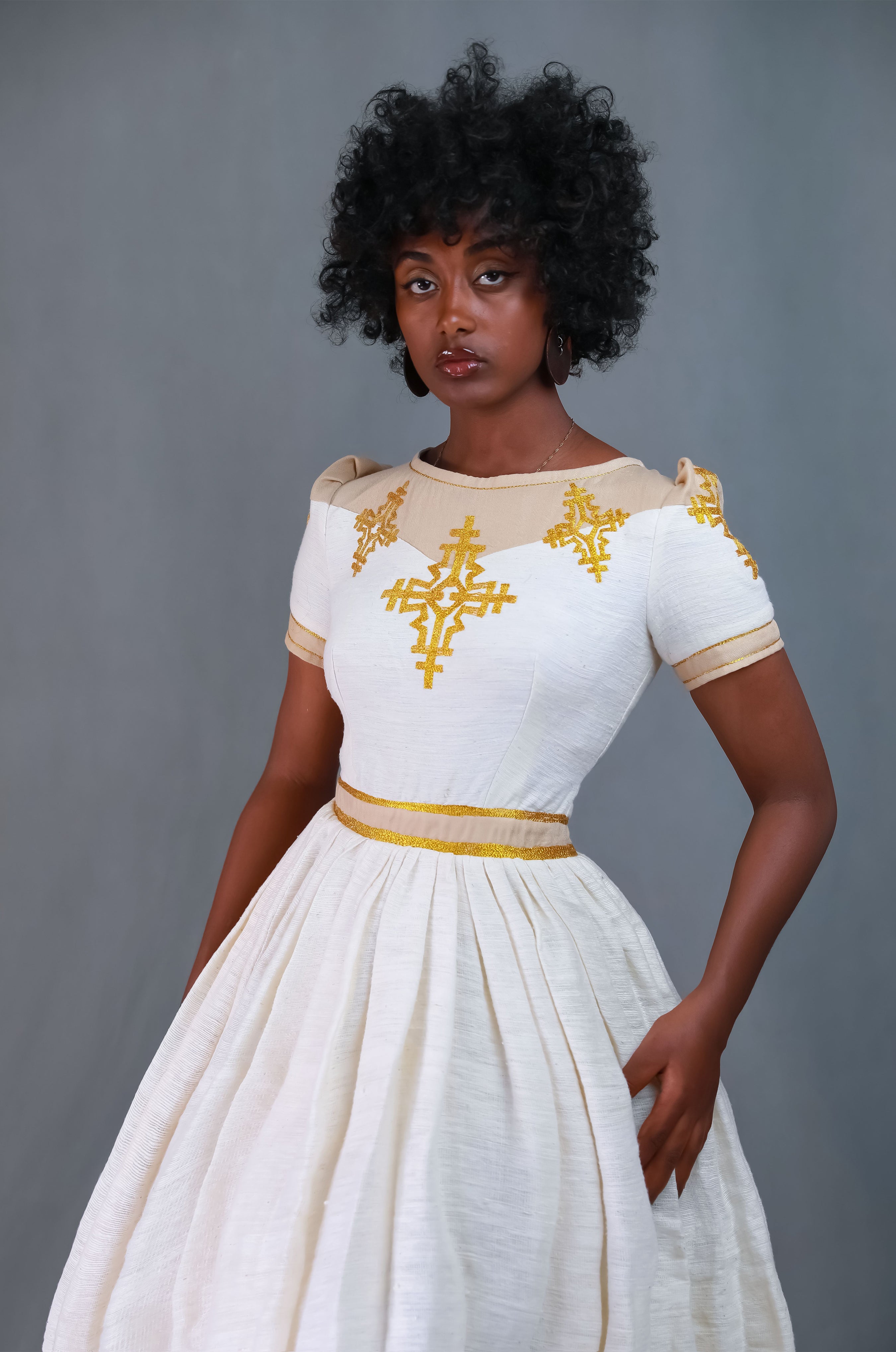 Habesha Kemis Inspired Embroidered Dress with Intricate Gold Design DAGMAWIT