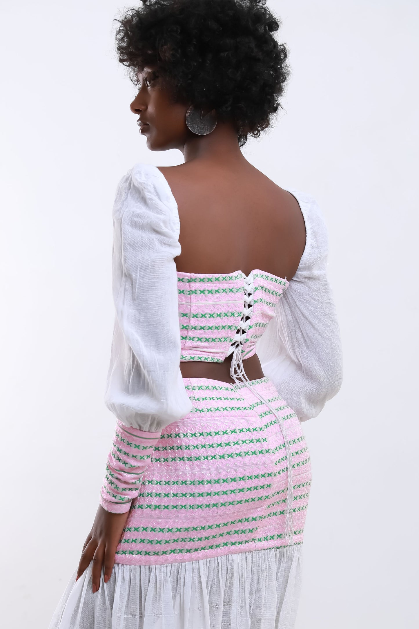 Handwoven Habesha Tibeb Top and Skirt Ensemble in Menen Fabric with Pink Tibeb Design