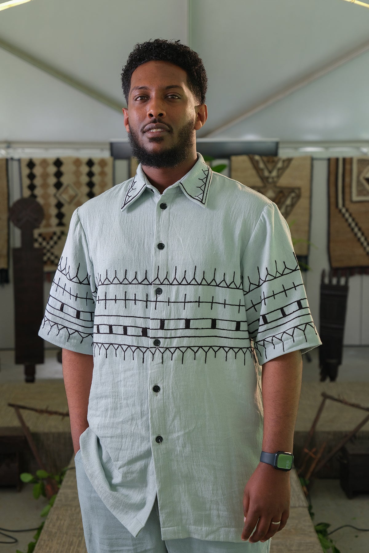 Ethiopian Elegance: Light Blue Habesha Shirt and Trouser Set with Black Embroidery