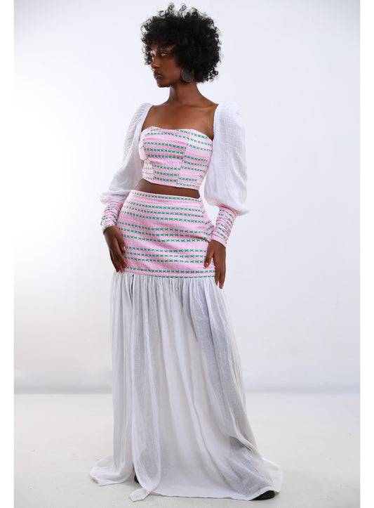 Handwoven Habesha Tibeb Top and Skirt Ensemble in Menen Fabric with Pink Tibeb Design