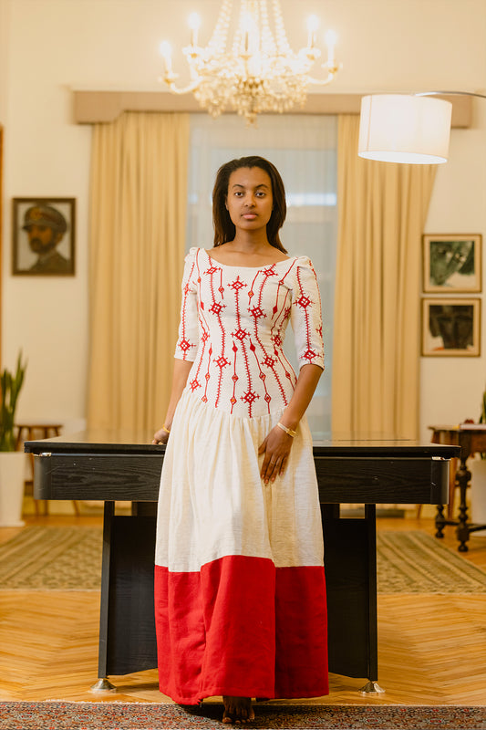 Royal Elegance: Embroidered Red Slim Fit Ethiopian Dress