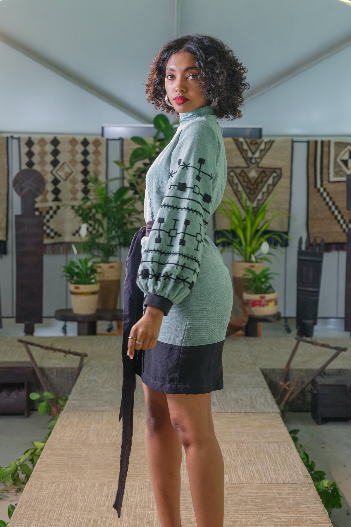 Embroidered Sleeved Knee-Length Dress with Ethiopian Flair