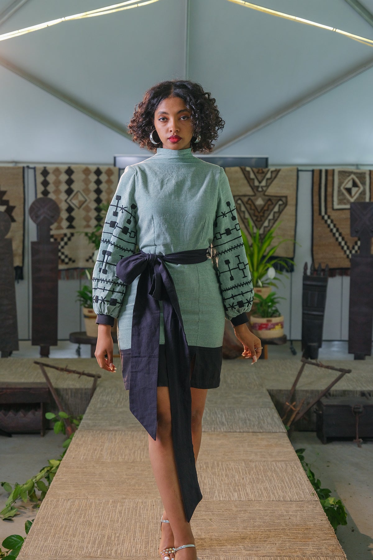 Embroidered Sleeved Knee-Length Dress with Ethiopian Flair