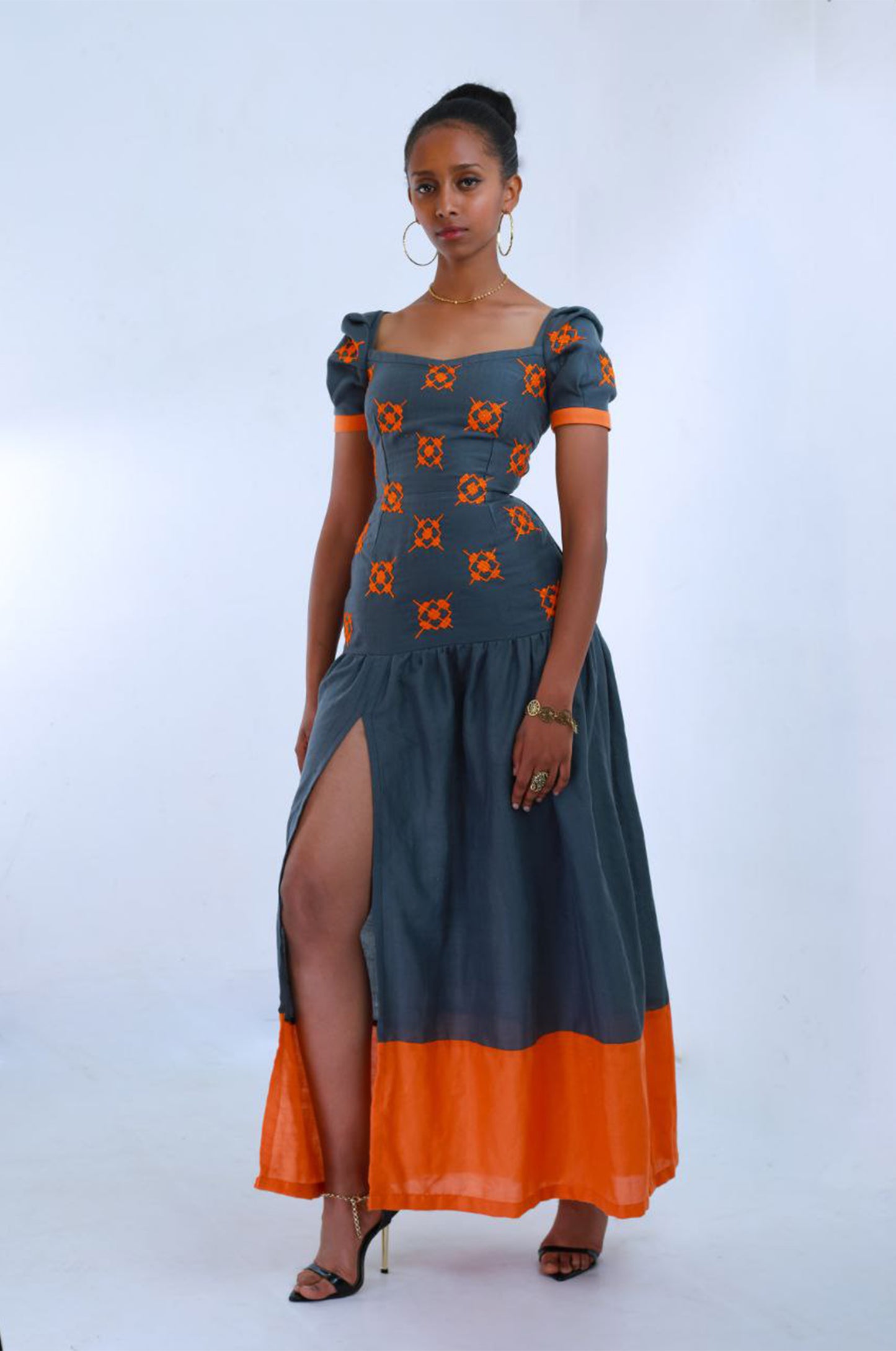 Orange Embroidery Elegant Habesha Dress,Ethiopian Culture