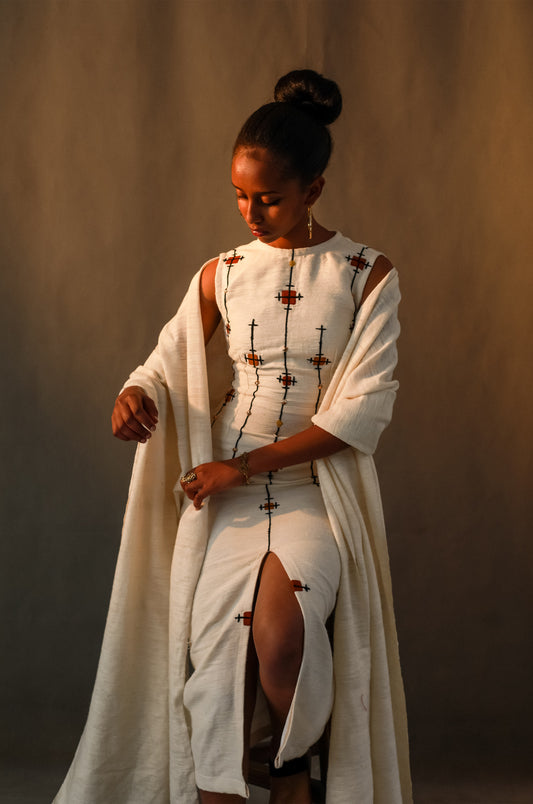 Cross Design Embroidery Habesha Dress, Ethiopian